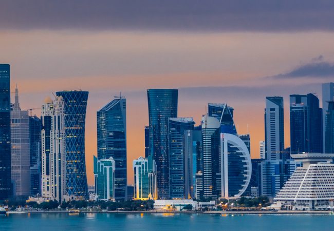 architecture of Doha at night. Doha, Ad-Dawhah, Qatar.